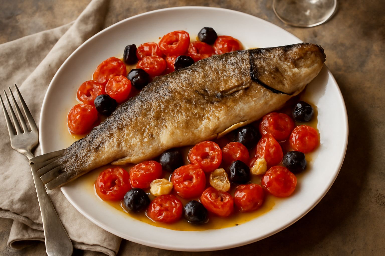 Un branzino dorato al forno in una teglia bianca, circondato da pomodorini rossi, olive nere e rametti di prezzemolo, con un filo d'olio che brilla sulla pelle del pesce