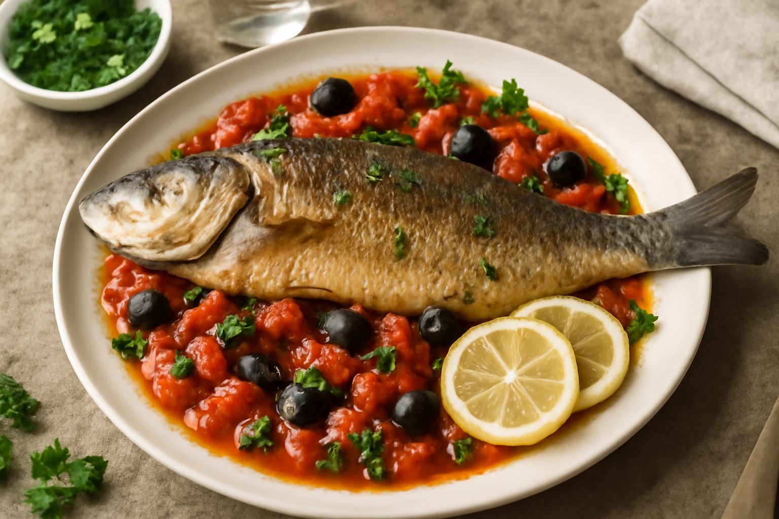 Branzino intero dorato al forno in piatto bianco, circondato da pomodori rossi, olive nere e prezzemolo verde, con limone affettato ai lati