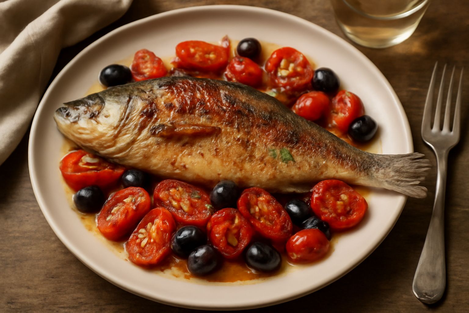 Branzino intero dorato in una pirofila bianca, circondato da pomodori rossi, olive nere e prezzemolo verde fresco, con olio che brilla sulla pelle del pesce