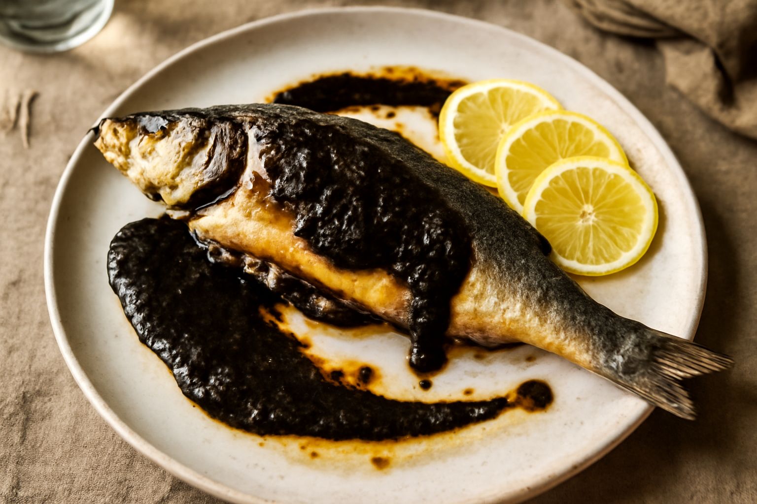 Branzino intero dorato al forno su piatto bianco, condito con salsa scura di acciughe, accompagnato da limone a fette e prezzemolo fresco