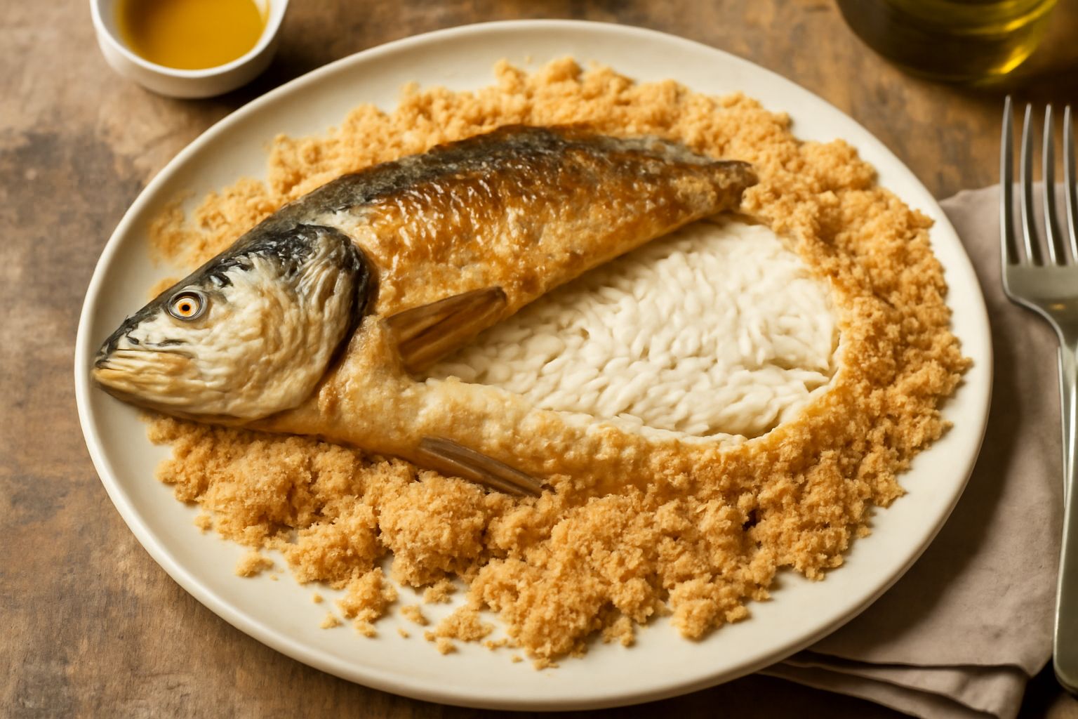 Branzino dorato intero cotto in crosta di sale grosso, ancora avvolto parzialmente, su un piatto bianco con contorno di limone e erbe aromatiche fresche