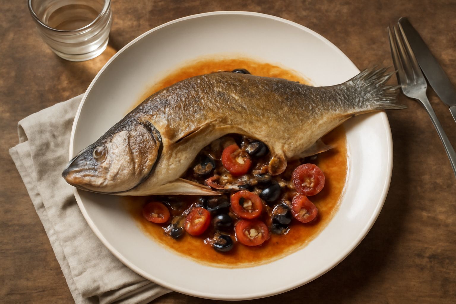Branzino intero dorato al forno su un piatto bianco con olive nere, pomodori dadi e capperi sparsi attorno, contorno di verdure bollite sullo stesso piatto