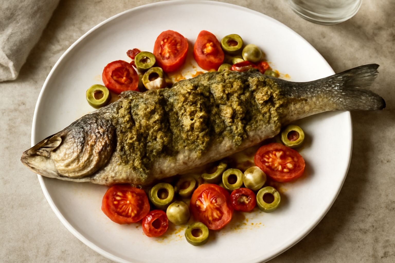 Un branzino intero al forno dorato, guarnito con pesto di pistacchio verde, olive nere e verdi tagliate a metà, foglie di basilico fresco e filetti di limone, servito in un piatto bianco con contorno