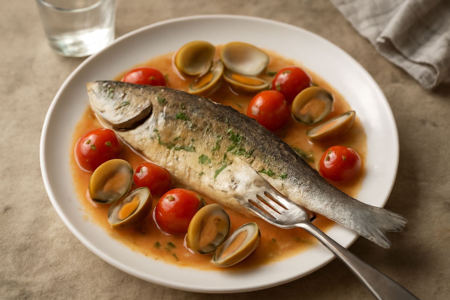 Branzino intero dorato in bianco piatto fondo, circondato da brodo rosato con pomodori interi, vongole aperte e basilico fresco, guarnito con prezzemolo verde