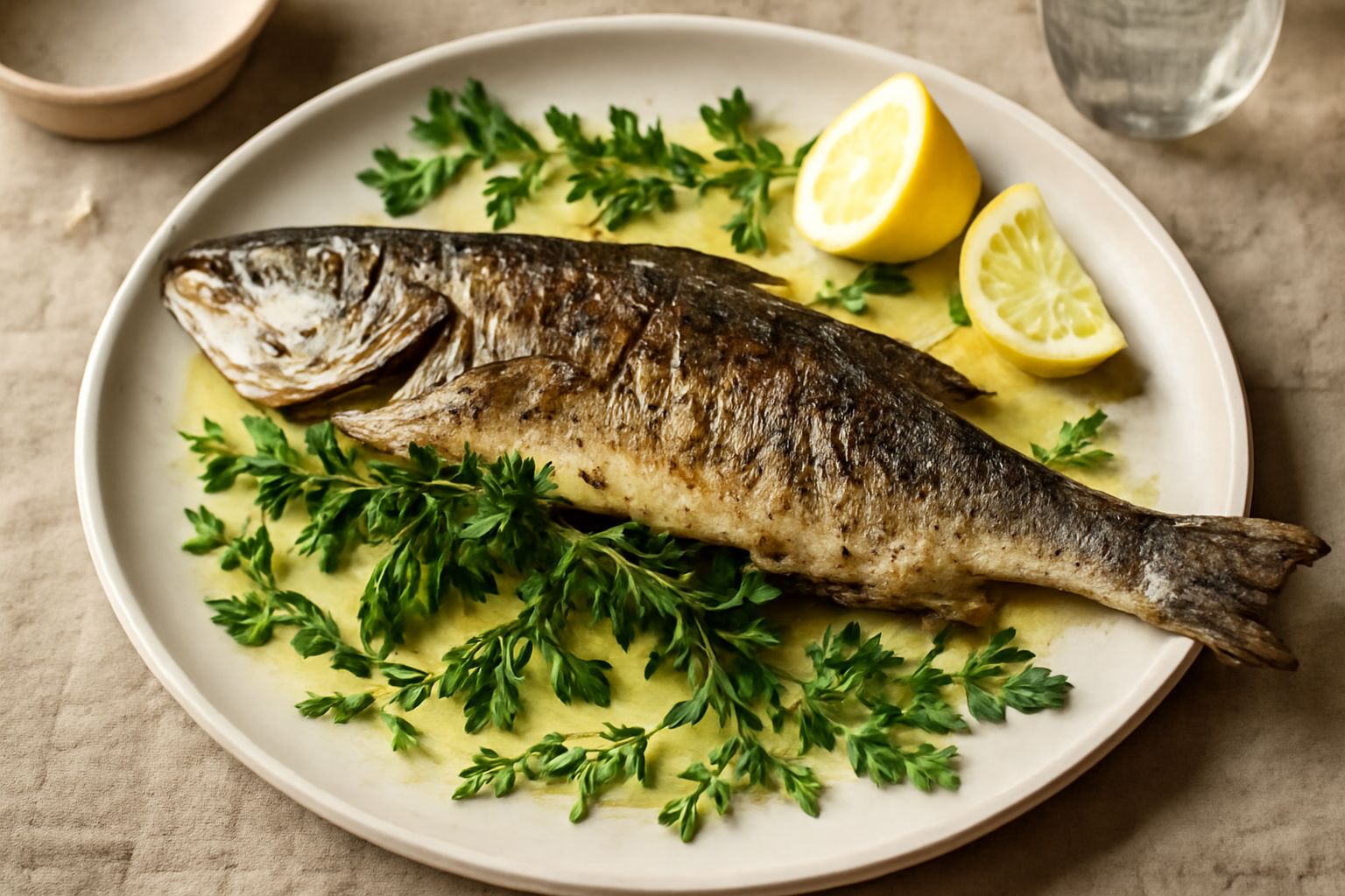 Branzino intero dorato in forno su un letto di erbe fresche, limone affettato, rosmarino e timo visibili accanto al pesce, olio di oliva satinato sulla pelle