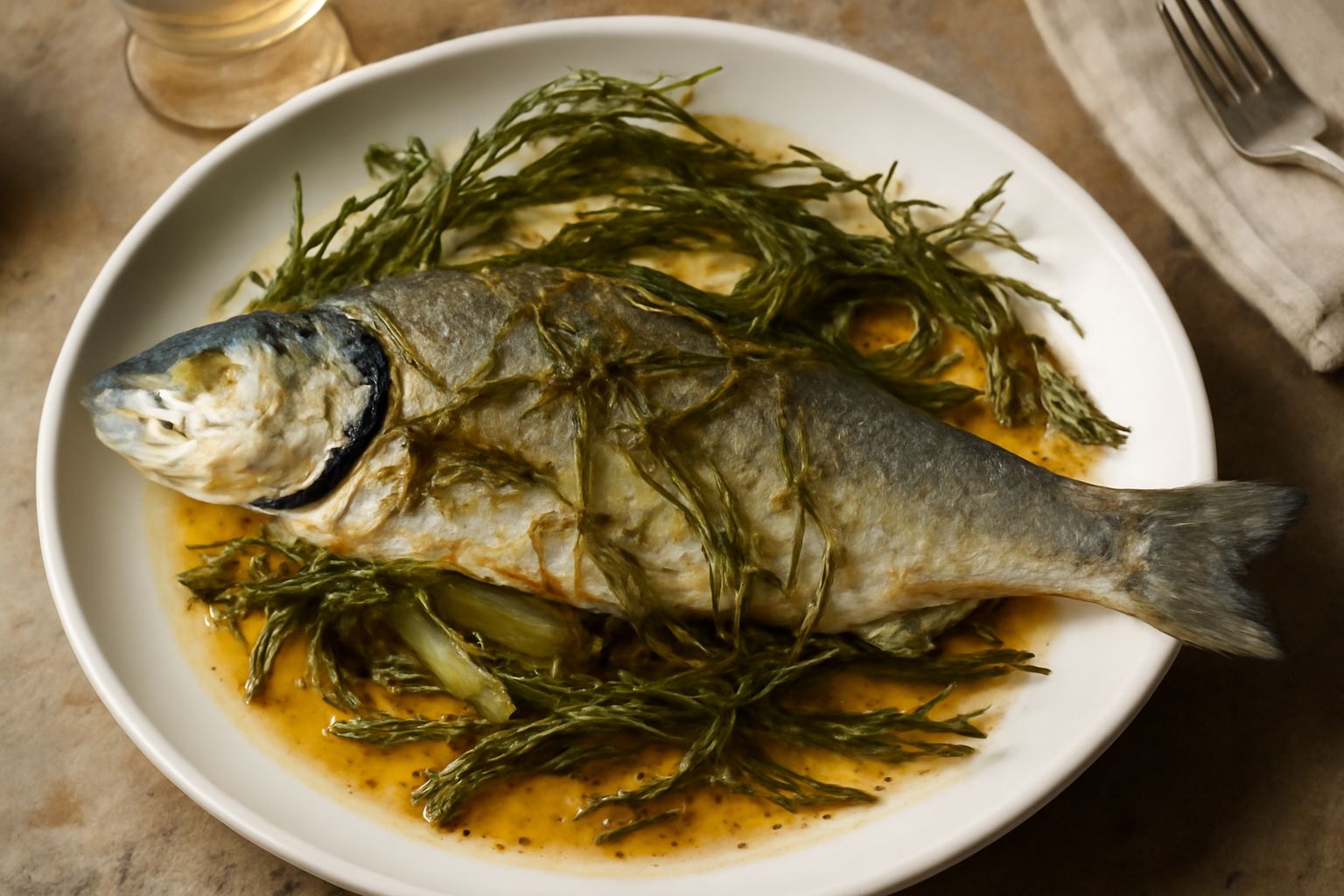 Branzino intero dorato in padella di ferro con finocchio selvatico verde, fette di limone e olio d'oliva, servito in bianco con contorno di verdure grigliate