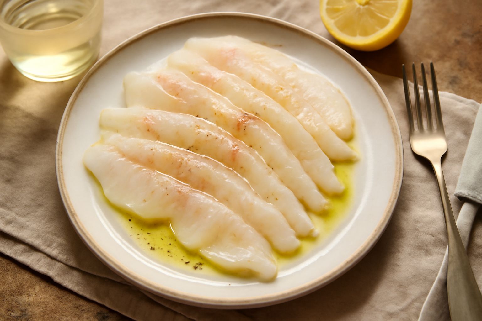 Branzino crudo affettato sottile disposto a ventaglio in un piatto bianco, decorato con fettine di limone fresco, sale marino grosso e un filo di olio extravergine, con sfondo grigio neutro
