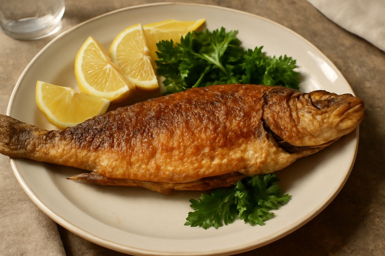 Branzino fritto intero, dorato e croccante, con pelle lucida e croccante, adagiato su carta assorbente bianca, contornato da fette di limone giallo fresco e prezzemolo verde