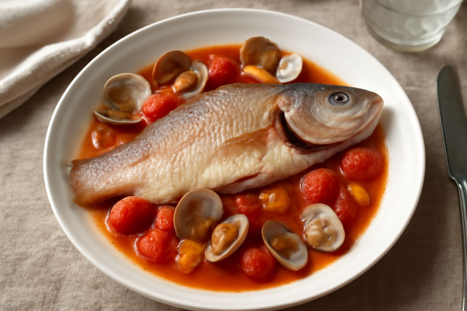 Branzino intero cotto in un piatto fondo bianco, coperto di brodo rosso con pomodorini, vongole aperte e prezzemolo fresco, accanto fette di pane tostato