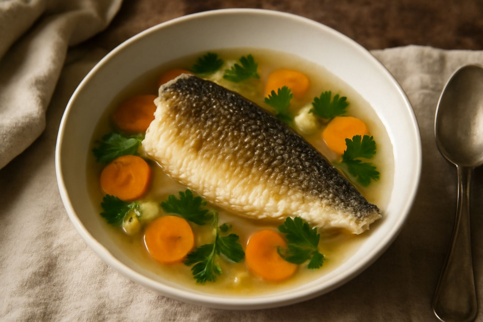 Branzino intero dorato in ciotola di brodo trasparente, contornato da fettine di carota e sedano, prezzemolo fresco verde sulla superficie