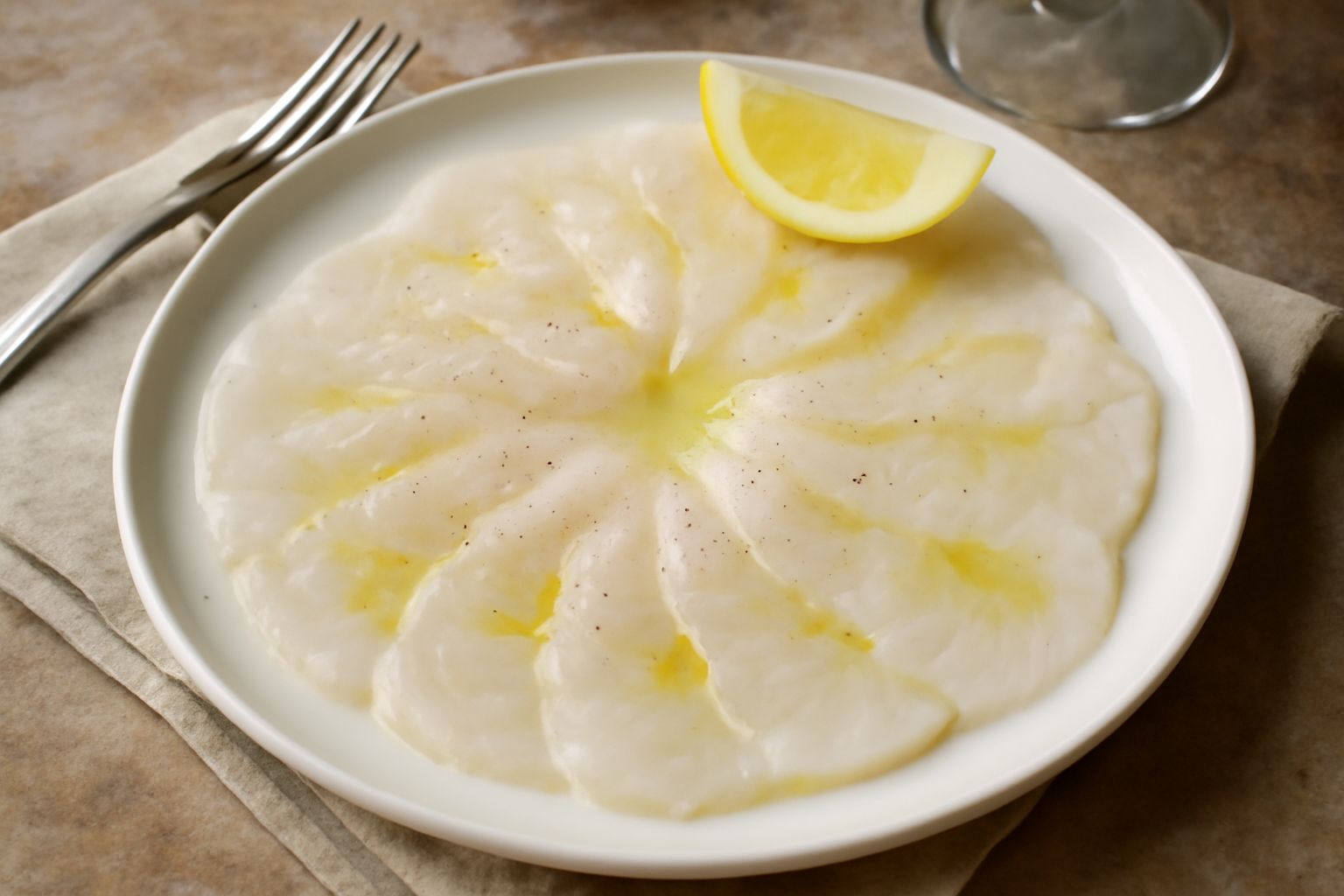 Fette sottilissime di branzino crudo disposte a ventaglio su un piatto bianco, condite con gocce di olio dorato e spruzzate di limone, con qualche foglia di rucola verde ai lati