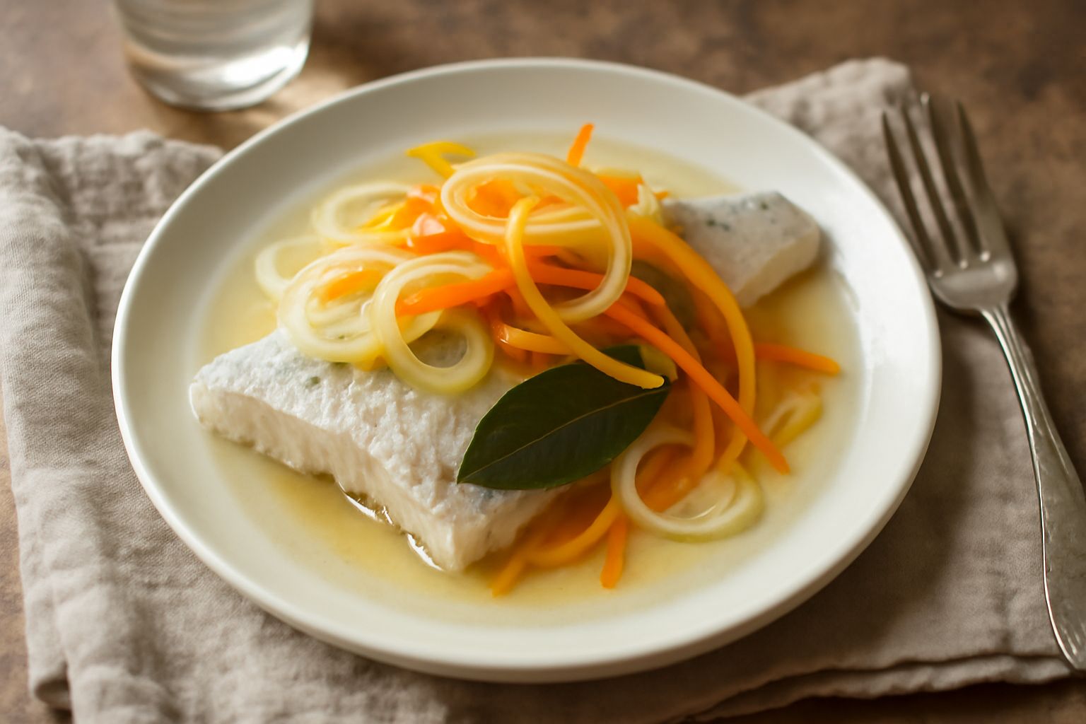Branzino intero o in filetti bianchi e rosati disposto in un piatto bianco o di ceramica, coperto da cipolla affettata sottile e verdure arancioni, con aceto lucido che riluce sulla superficie, contor