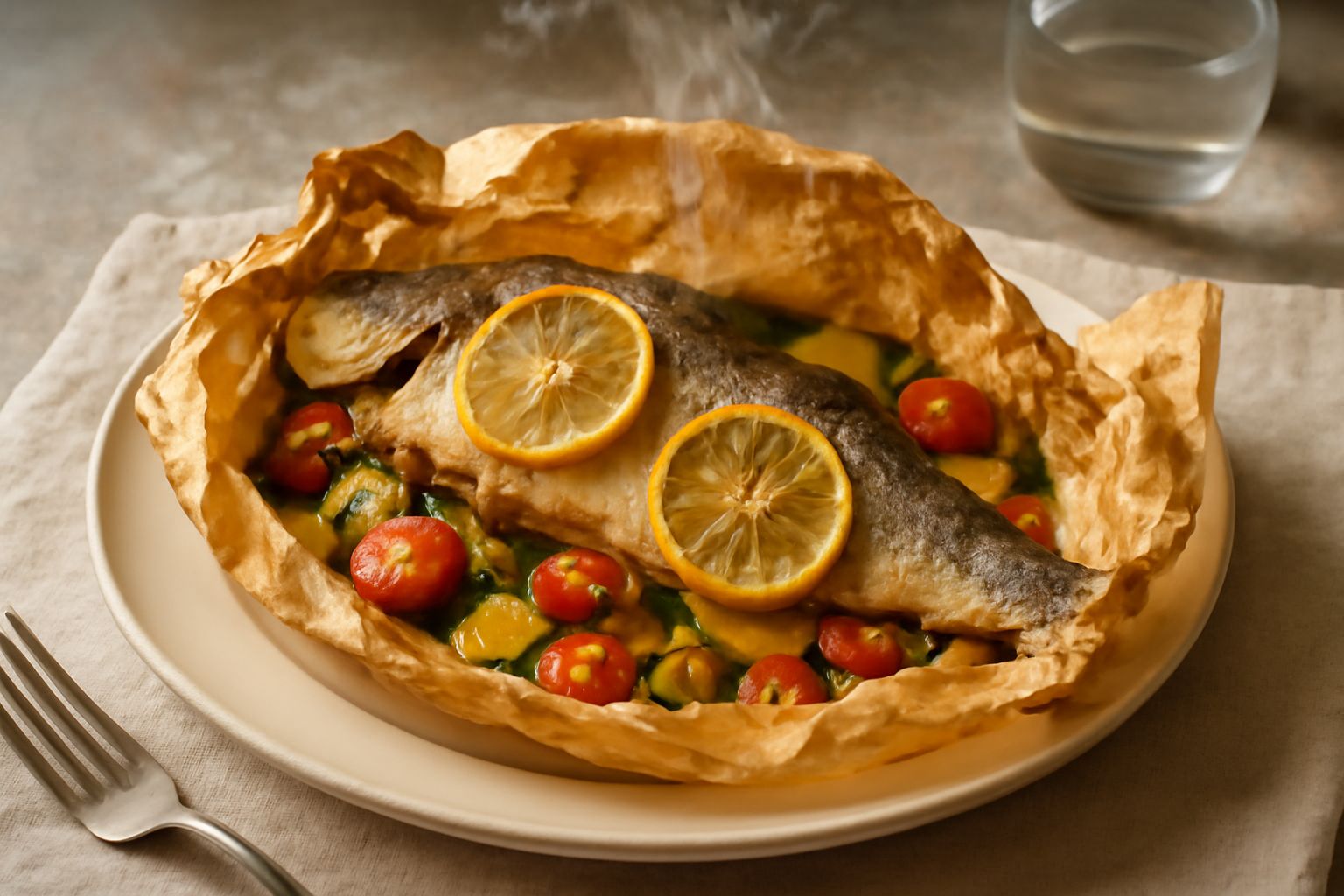 Branzino intero cotto in carta kraft aperta, con limone, erbe aromatiche fresche e verdure grigliate nel piatto bianco, vapore ancora visibile dalla carta