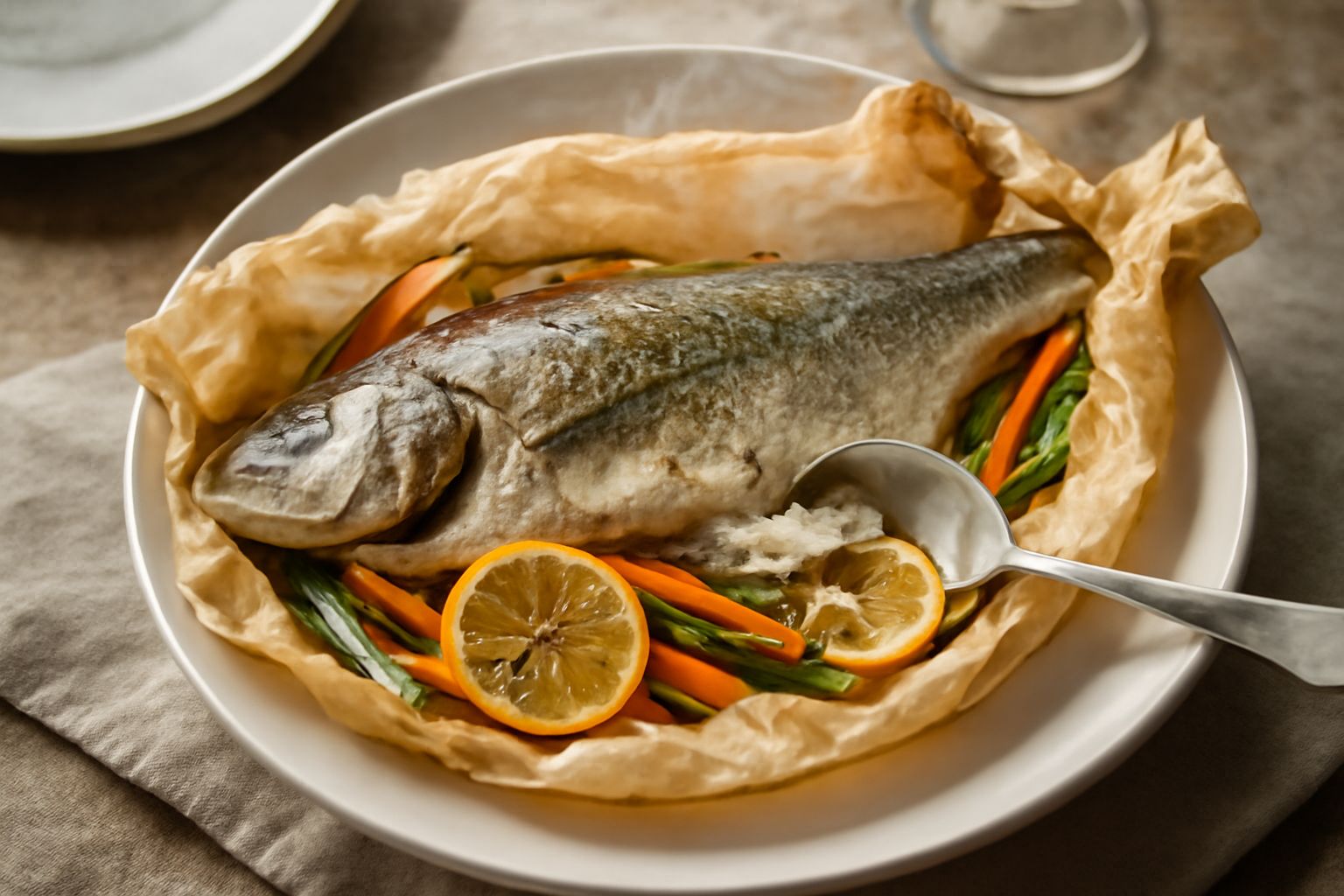 Branzino intero cotto in cartoccio aperta al forno, con limone fresco a fette, erbe aromatiche verdi e verdure tagliate a bastoncini, vapore caldo che esce dalla carta