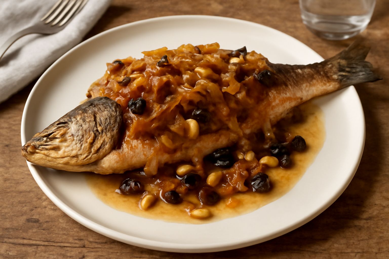 Branzino intero arrosto dorato su un piatto bianco, ricoperto di cipolla caramellata marrone chiaro, pinoli tostati e uvetta, con scorza di limone e prezzemolo fresco come guarnizione