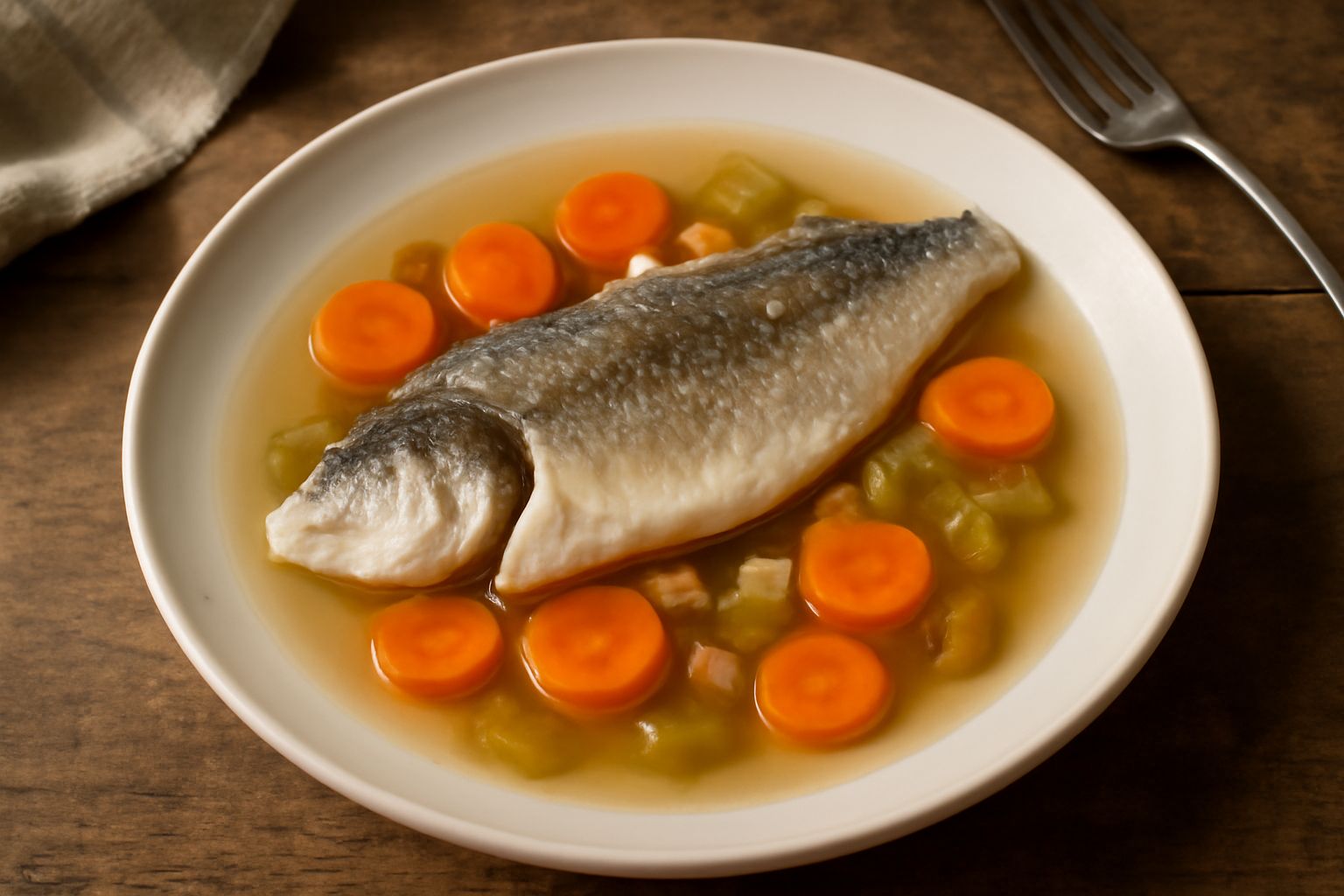 Branzino intero in umido su un piatto bianco, circondato da verdure soffritte (carote, sedano, cipolla), con fette di limone, brodo chiaro visibile nel piatto, guarnizione di prezzemolo fresco