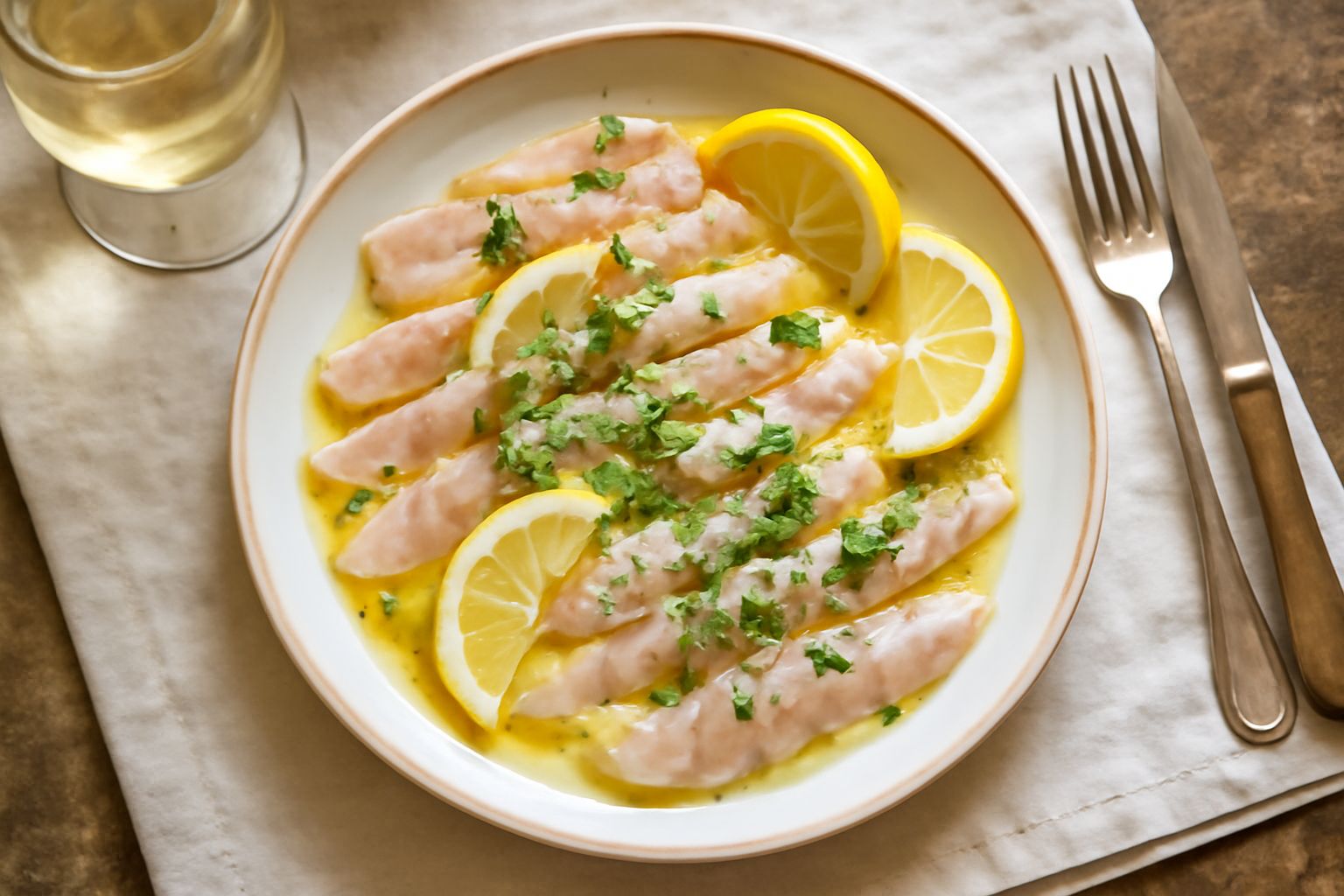 Filetti di branzino marinato trasparenti con limone fresco affettato, olio d'oliva e prezzemolo verde in piatto bianco