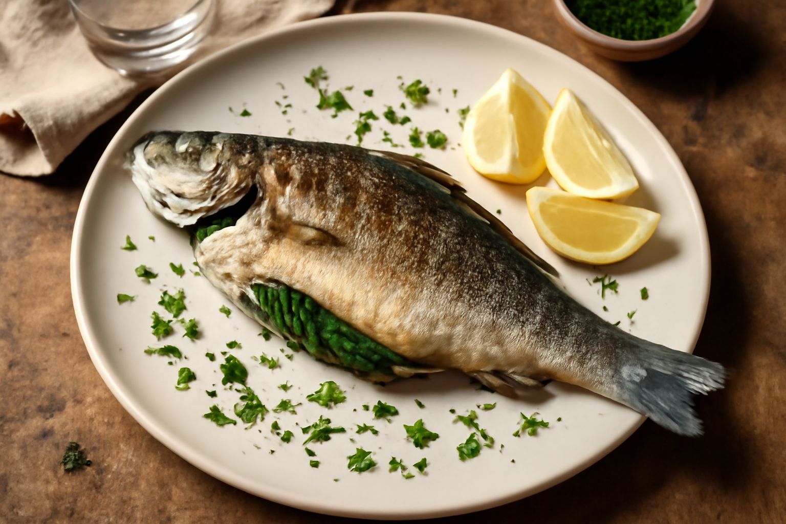 Branzino intero al forno con pelle dorata e croccante, riempito di prezzemolo e limone, impiattato su un piatto bianco con contorno di verdure arrostite e fette di limone