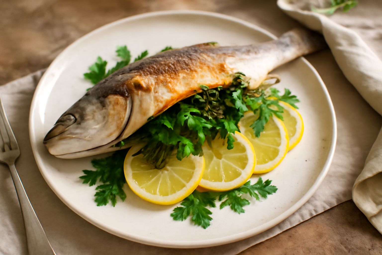 Branzino intero ripieno di erbe aromatiche, dorato in superficie, servito in un piatto bianco con contorno di limone fresco tagliato e rametti di prezzemolo verde
