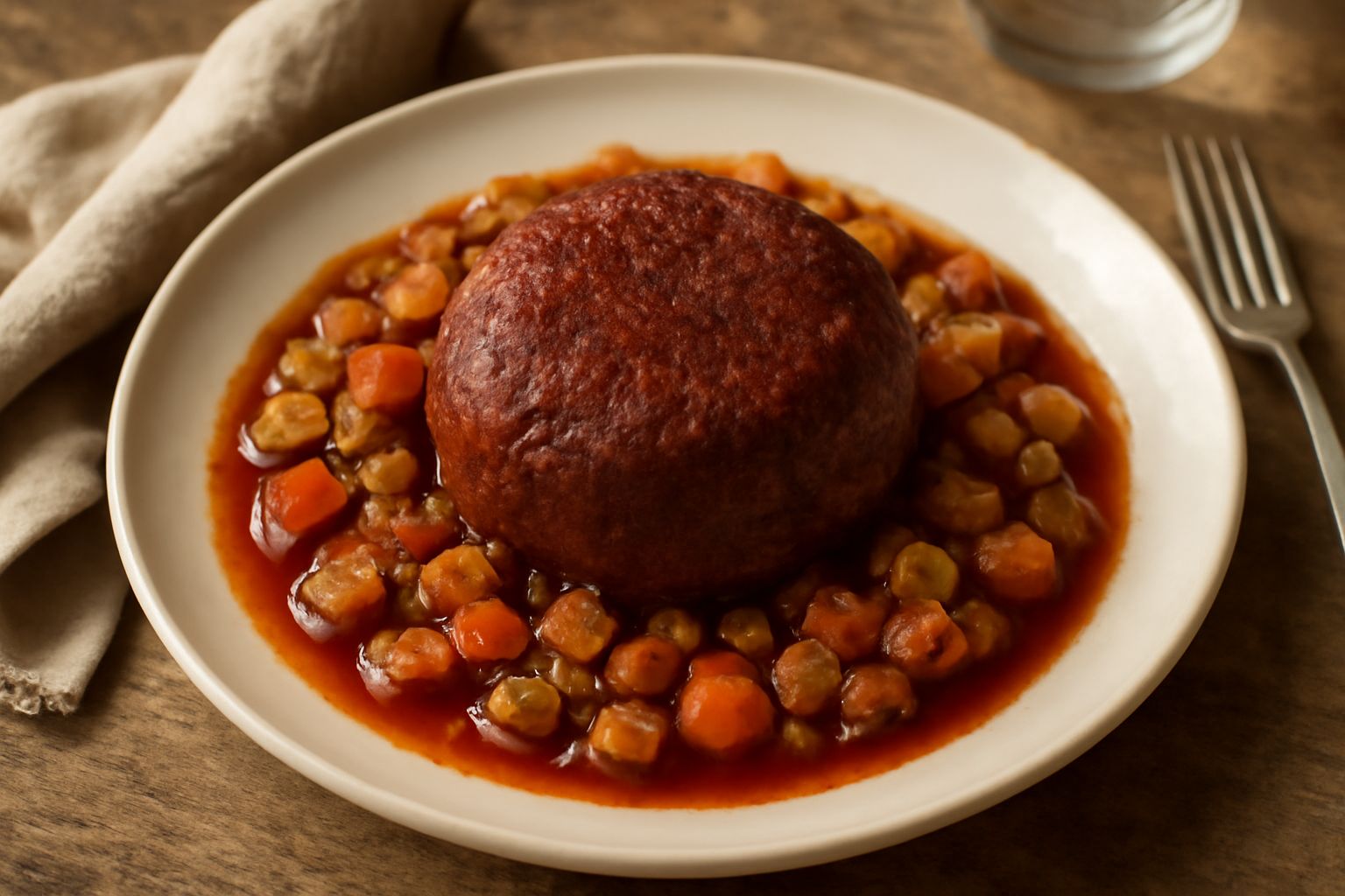 Un brasato di manzo rosso scuro, intero, adagiato su un piatto di ceramica bianca con verdure caramellate intorno, salsa scura e lucida, contorno di verdure stufate e brodo ridotto