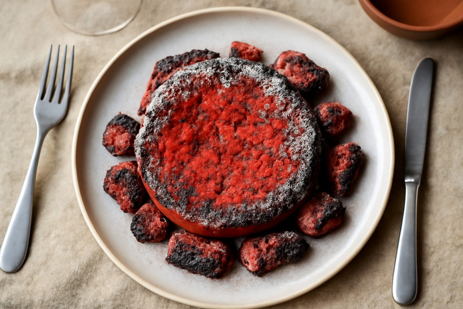 Brasadele rosse e arancioni che bruciano in un camino di pietra, con fiamme basse e fumo leggero, in un ambiente rustico con attizzatoio di ferro