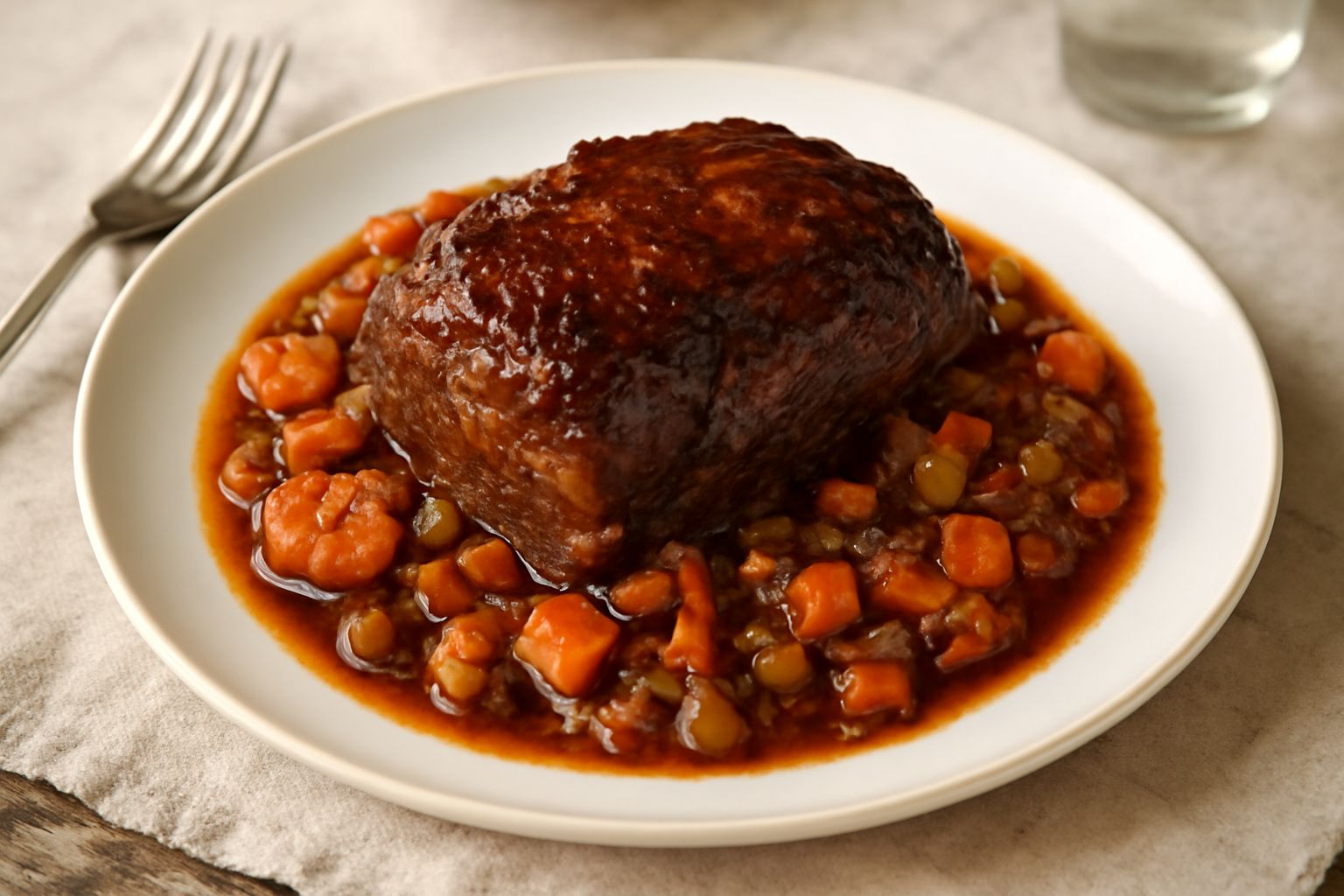 Brasato dorato e affettato nel piatto, circondato da verdure caramellate, con sugo denso di colore marrone scuro, su fondo bianco