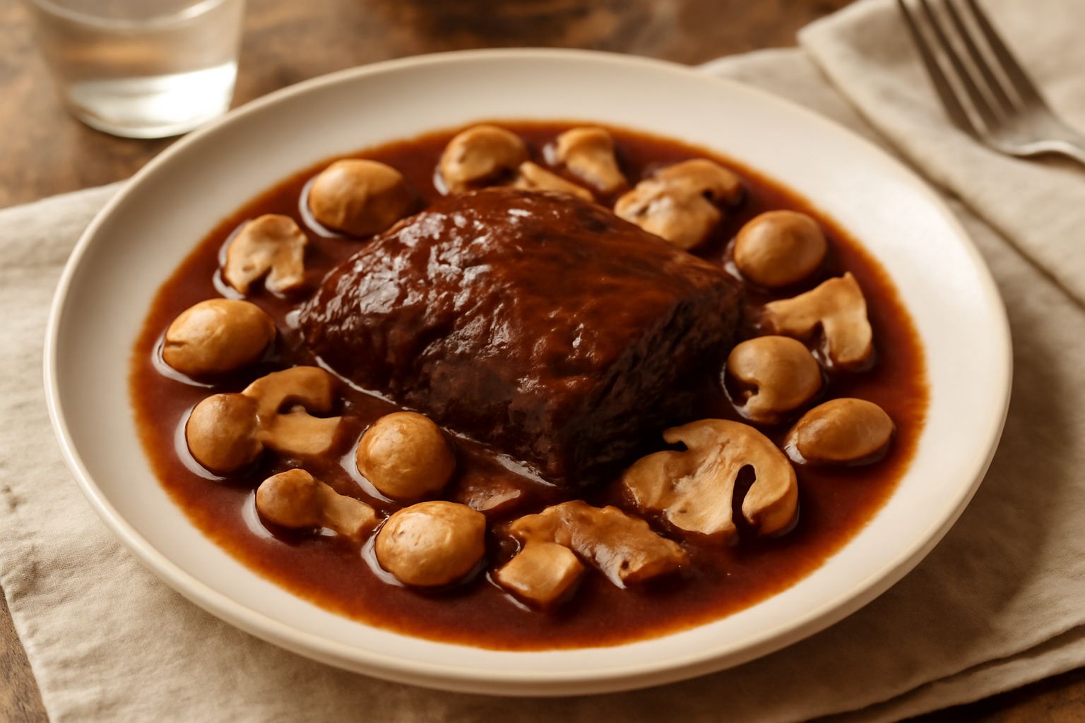 Brasato ai funghi in piatto bianco: fetta di carne marrone scura circondata da funghi champagne e porcini, salsa di cottura color bordeaux densa, decorato con prezzemolo fresco verde