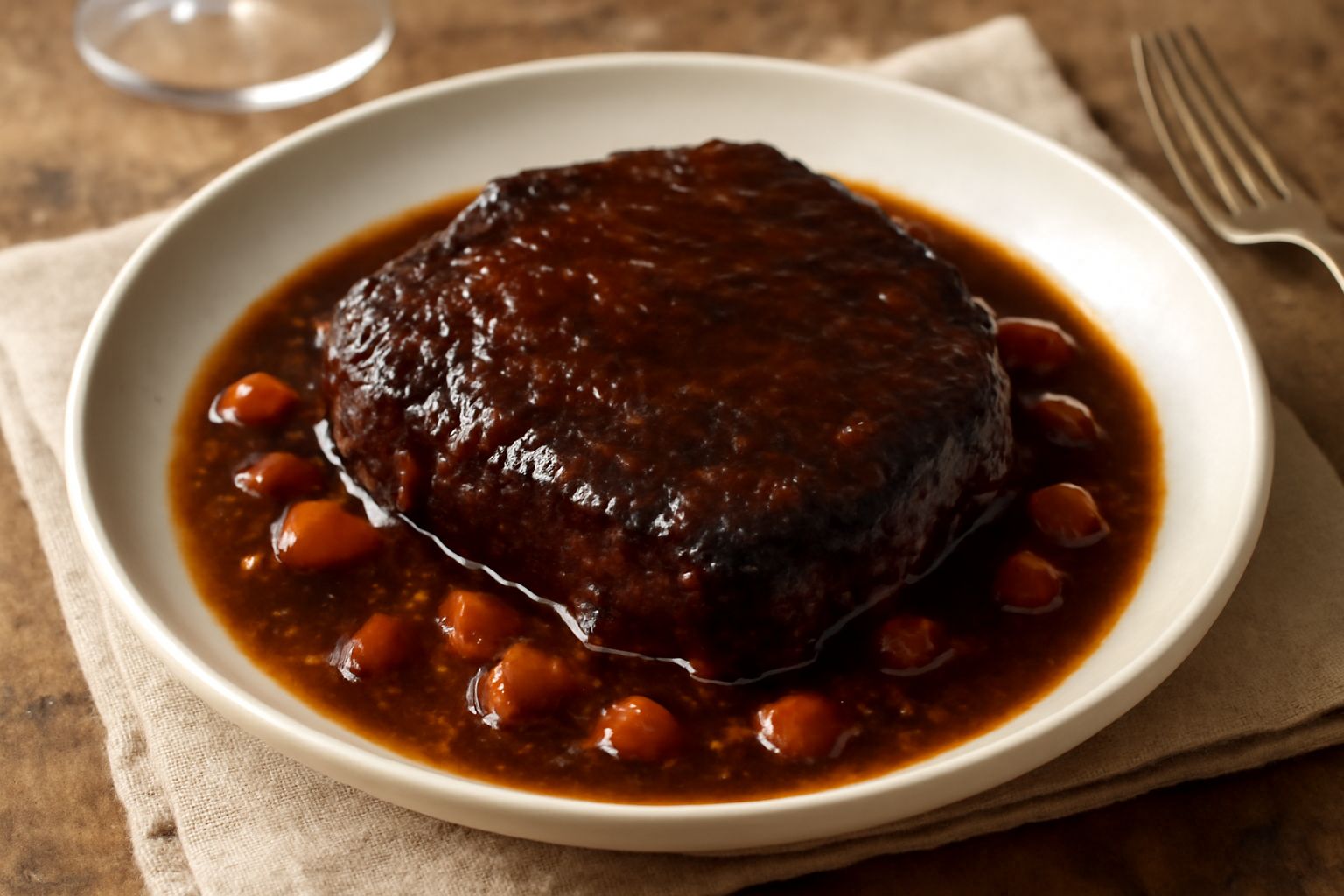 Un piatto di brasato al Amarone: fetta di carne rossa scura, tenera, ricoperta da sugo marrone scuro e cremoso, con carota e sedano morbidi sul fondo, contorno di polenta bianca o patate al naturale, 