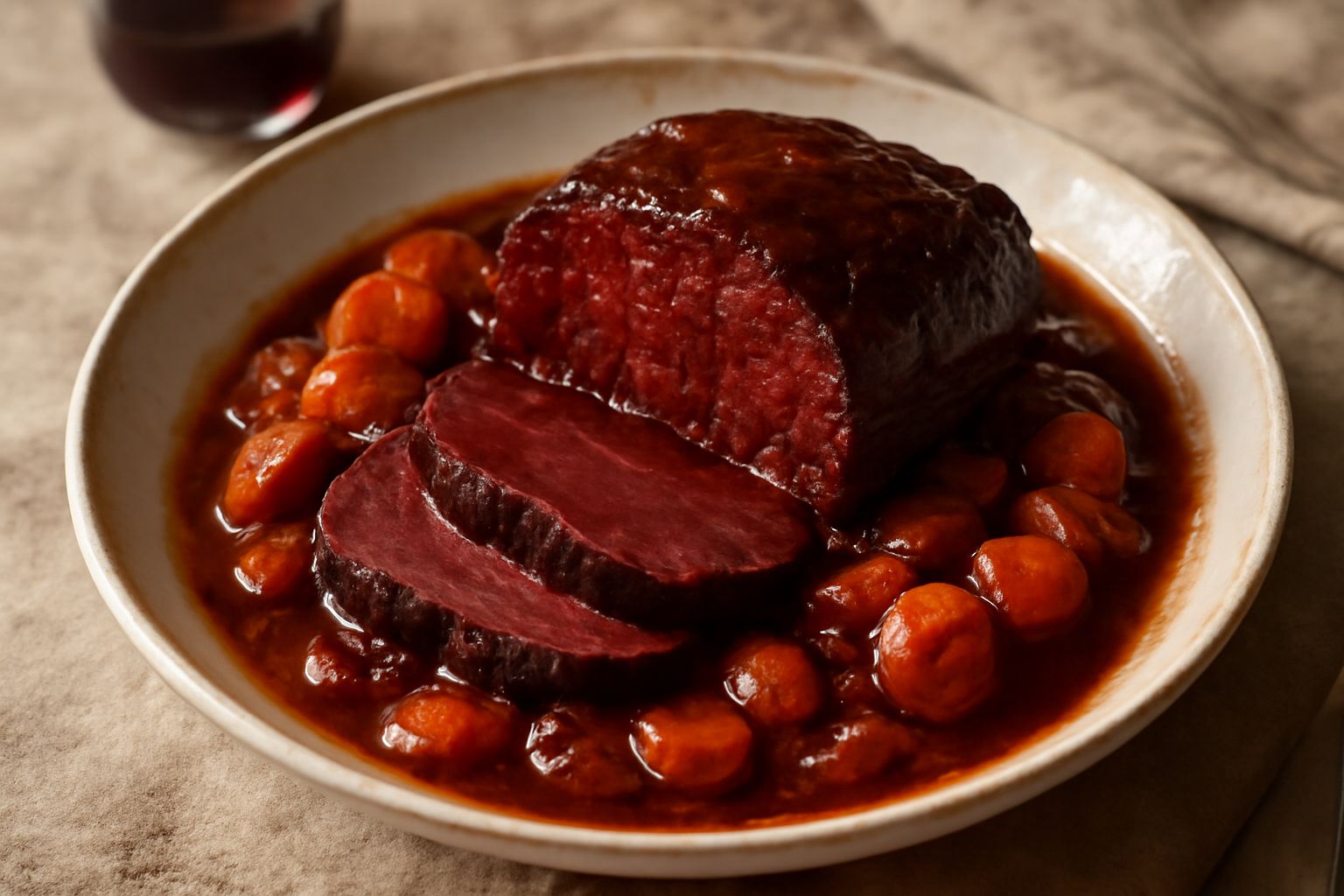 Un piatto bianco con fette di brasato rosso scuro, cosparso di sugo denso e lucido, contornato da verdure morbide e radici di carota arancione, vapore ancora visibile dalla carne calda