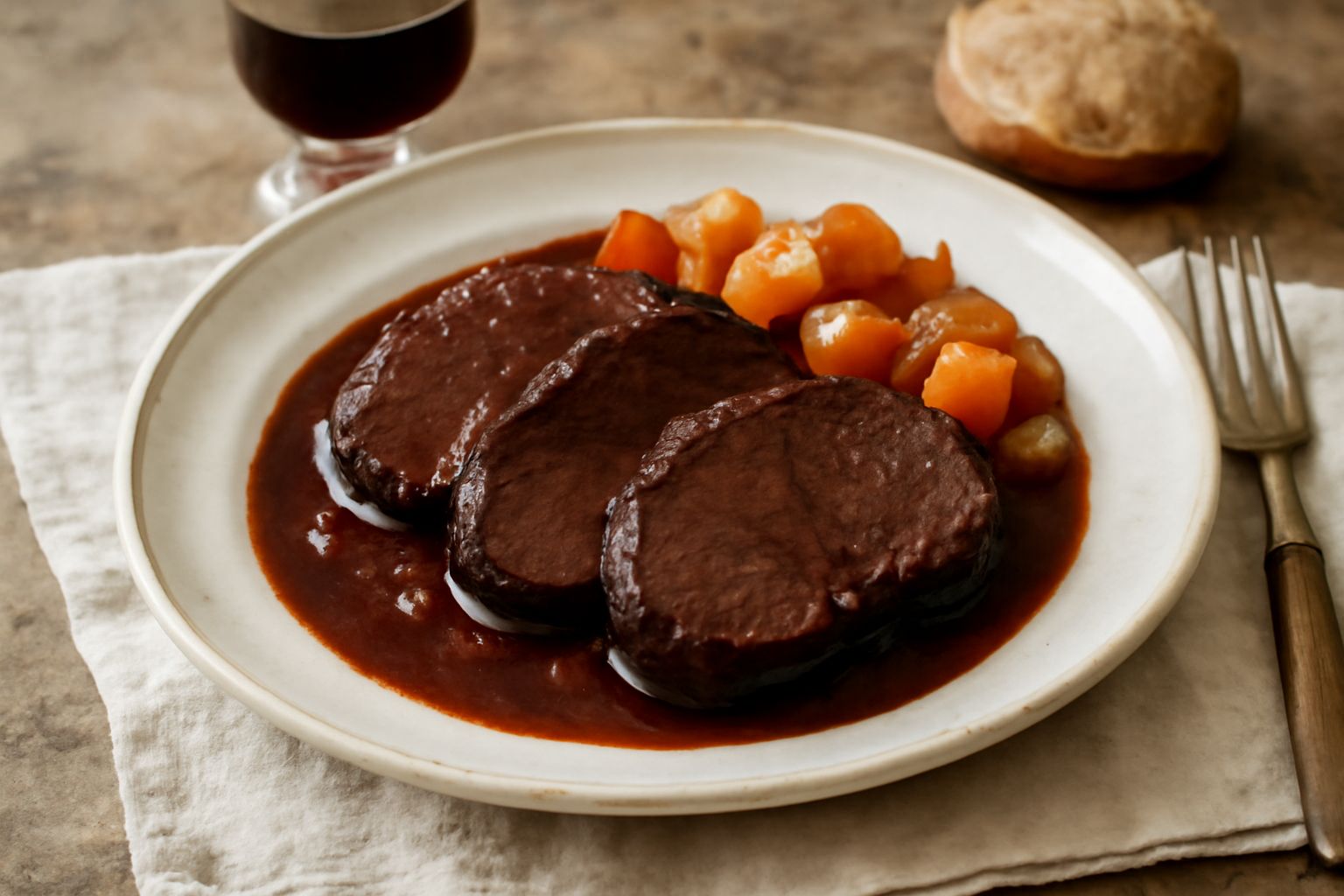 Brasato al barolo in una pentola di terracotta, carne scura e tenera in salsa di vino rosso con verdure caramellate, vapore caldo sulla superficie