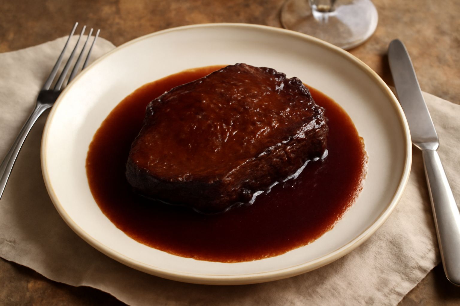 Brasato affettato su un piatto bianco con salsa color bordeaux concentrata, contornato da verdure rosate, vapore leggero visibile dalla superficie calda della carne