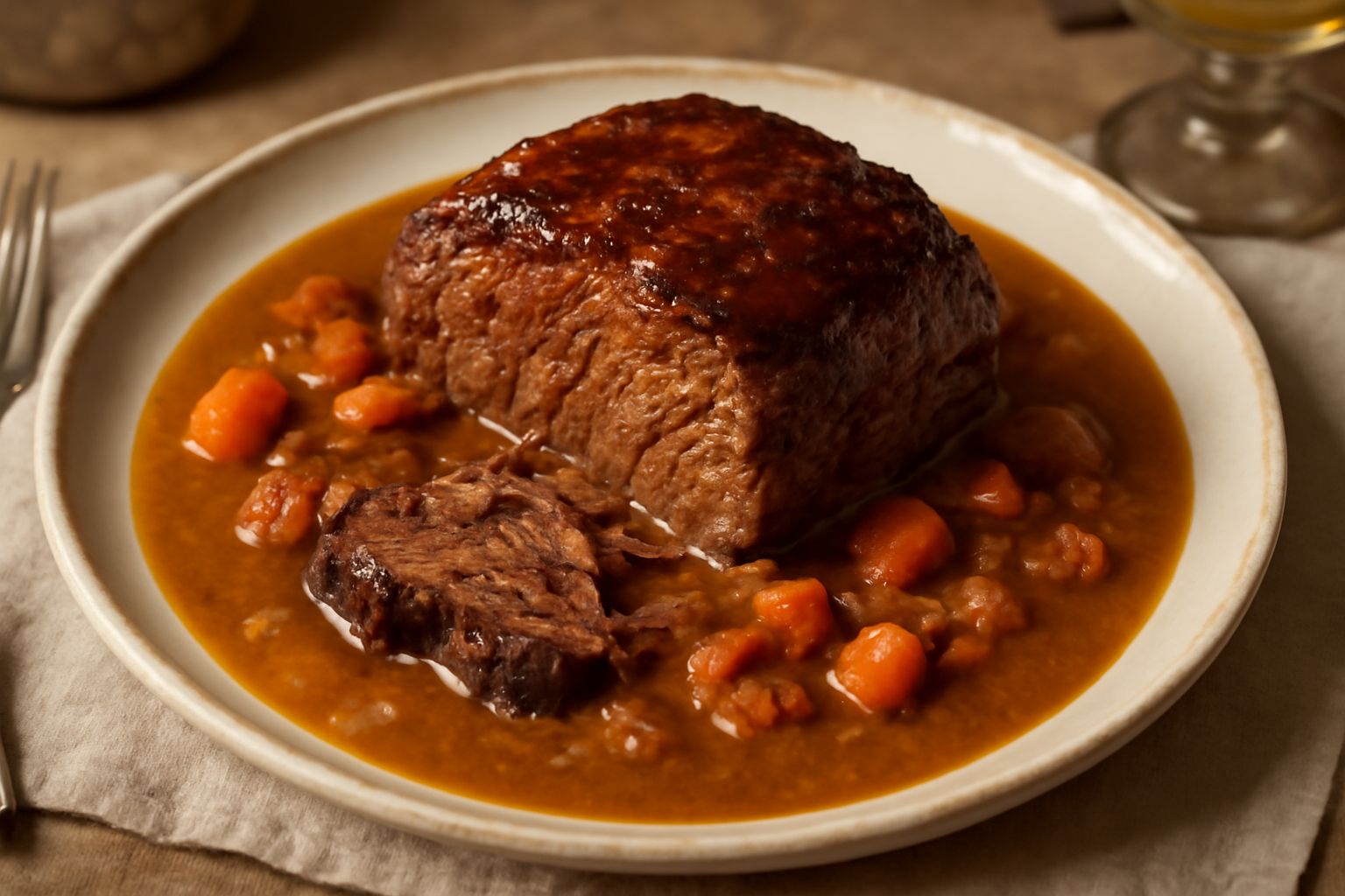 Brasato al Fiano servito in piatto bianco: fette di carne marrone scuro, lucida di sugo, contorno di verdure soffritto (carota, sedano, cipolla), salsa densa color nocciola, guarnito con prezzemolo tr