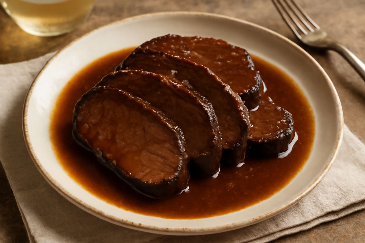 Brasato affettato su piatto bianco con sugo scuro e lucido, contorno di purea di patate cremosa, guarnito con rosmarino fresco, sfondo scuro