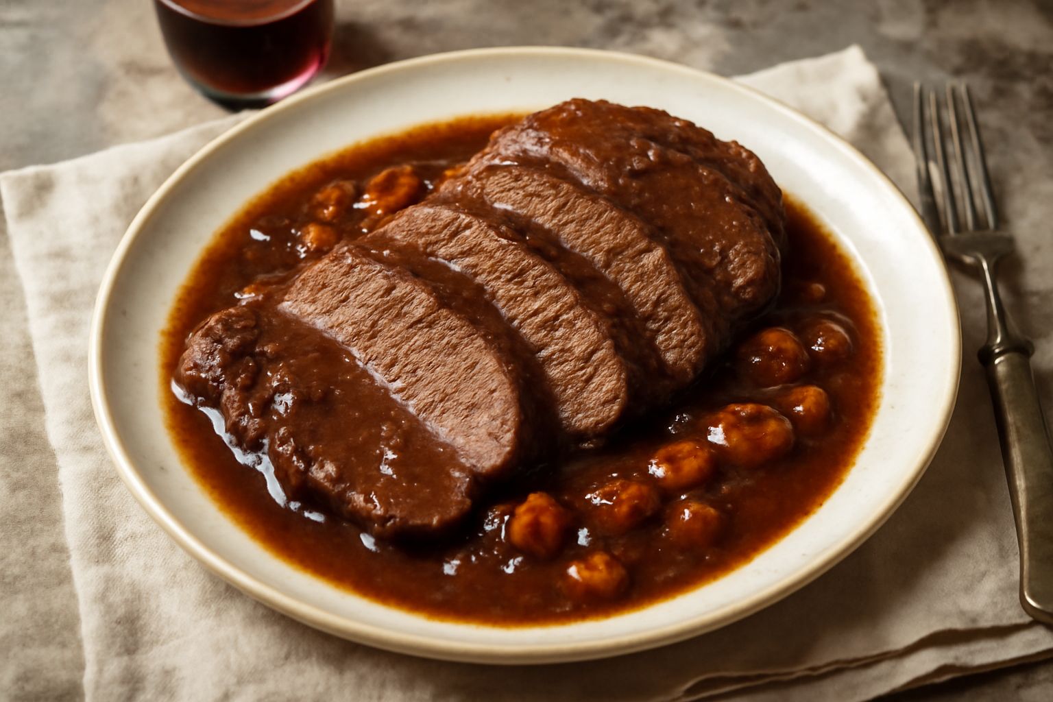 Brasato al Lambrusco in un piatto bianco fondo: fette di carne marrone scuro e tenera, salsa di vino rosso denso che copre la carne, contorno di carote e sedano cotti, guarnito con rosmarino fresco