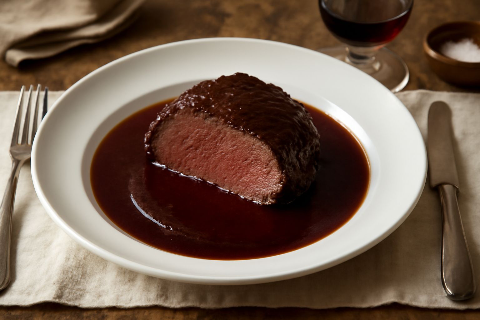 Brasato di manzo affettato su piatto bianco, carne marrone scura e tenera con sugo rosso scuro, contorno di purea di patate bianca e prezzemolo fresco sopra