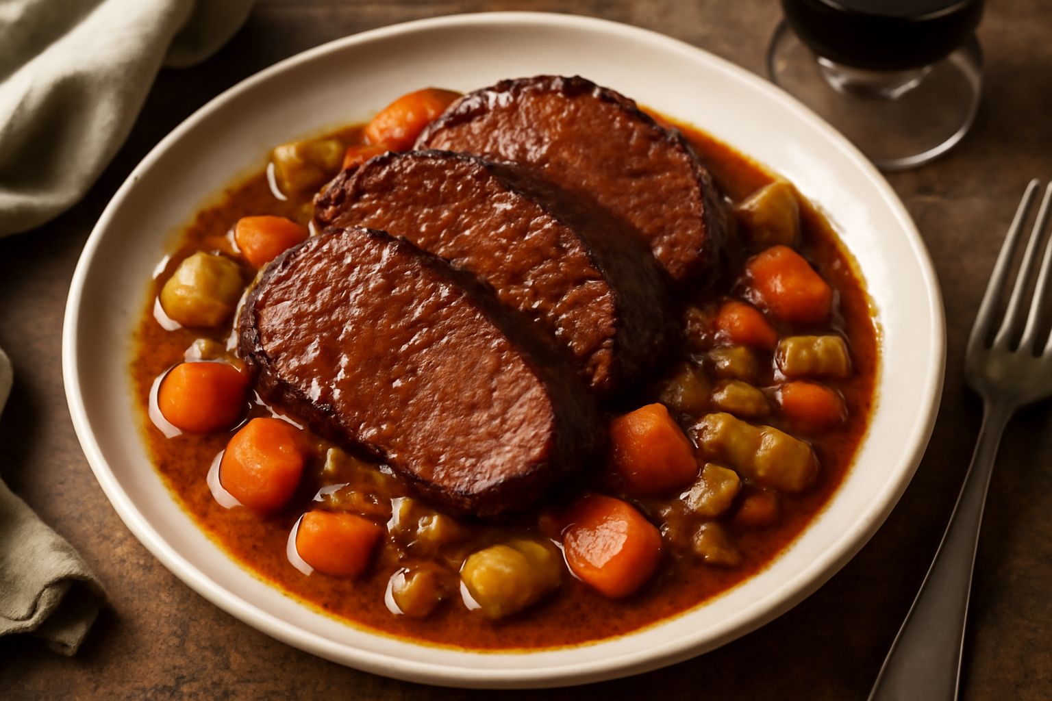 Brasato al Raboso affettato nel piatto: fette di carne scura e morbida, sugo rosso scuro e denso che ricopre la carne, contorno di patate e verdure brunite, presentazione rustica su piatto bianco con 