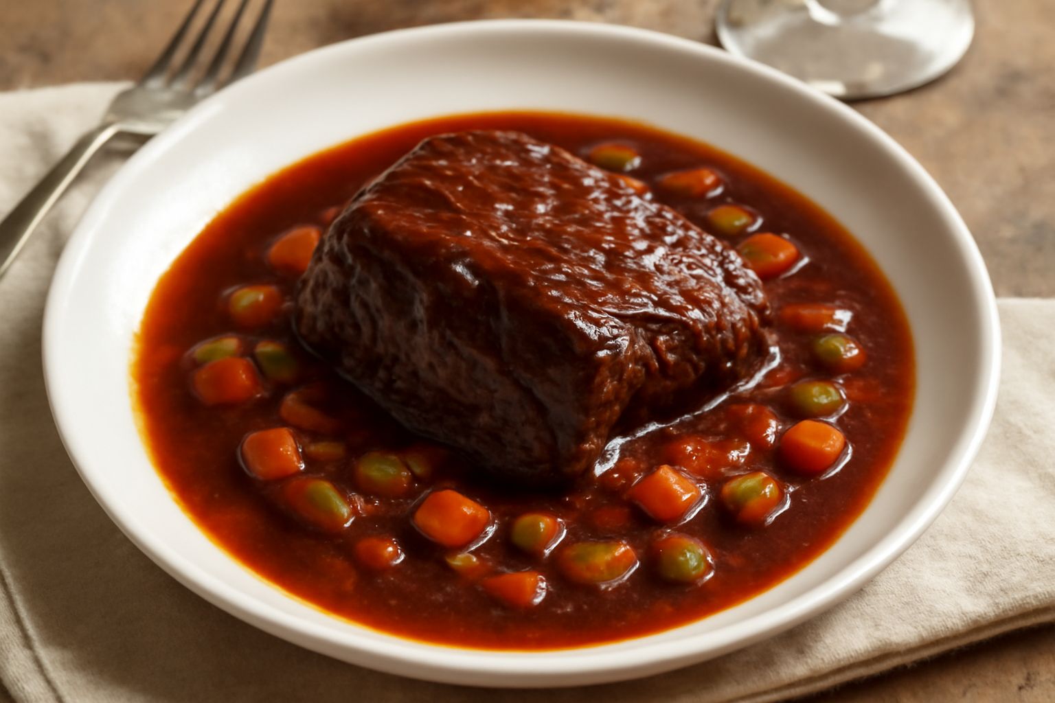 Brasato di manzo rosso scuro lucido in un piatto bianco, coperto di salsa di vino, circondato da carote e sedano cotti, vapore caldo visibile, contorno di polenta cremosa o pane tostato