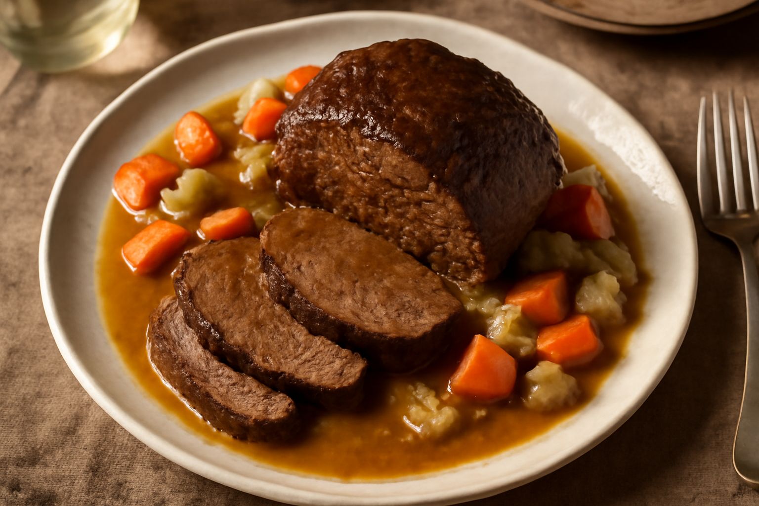 Un brasato di manzo color marrone scuro, intero o affettato, adagiato su un piatto bianco con salsa scura intorno, circondato da carote tagliate a bastoncino e sedano, guarnito con prezzemolo fresco