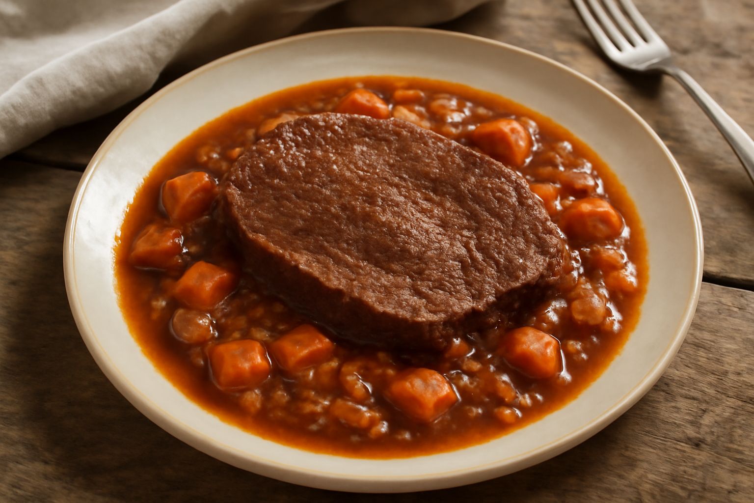 Brasato alla calabrese in piatto bianco: fetta di carne rossa scura circondata da sugo denso color marrone scuro, con pezzi di carota arancione e cipolla morbida, contorno di verdure in umido sullo st