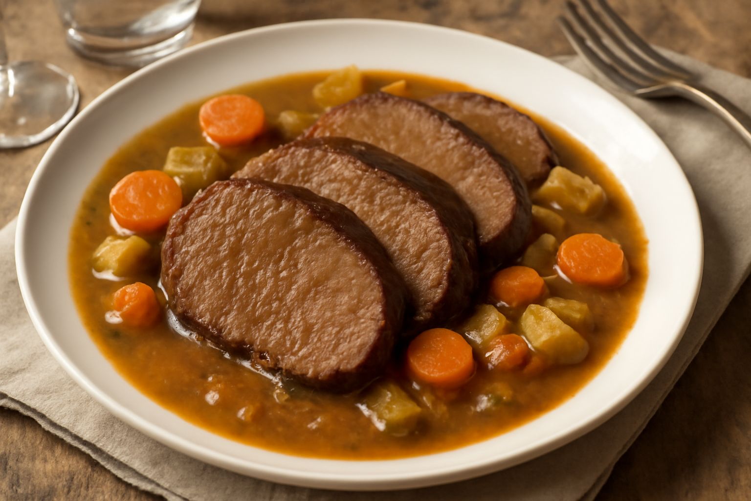 Brasato alla comense affettato nel piatto bianco con salsa marrone scura, circondato da carote, sedano e cipolle cotte, accompagnato da pane abbrustolito ai lati