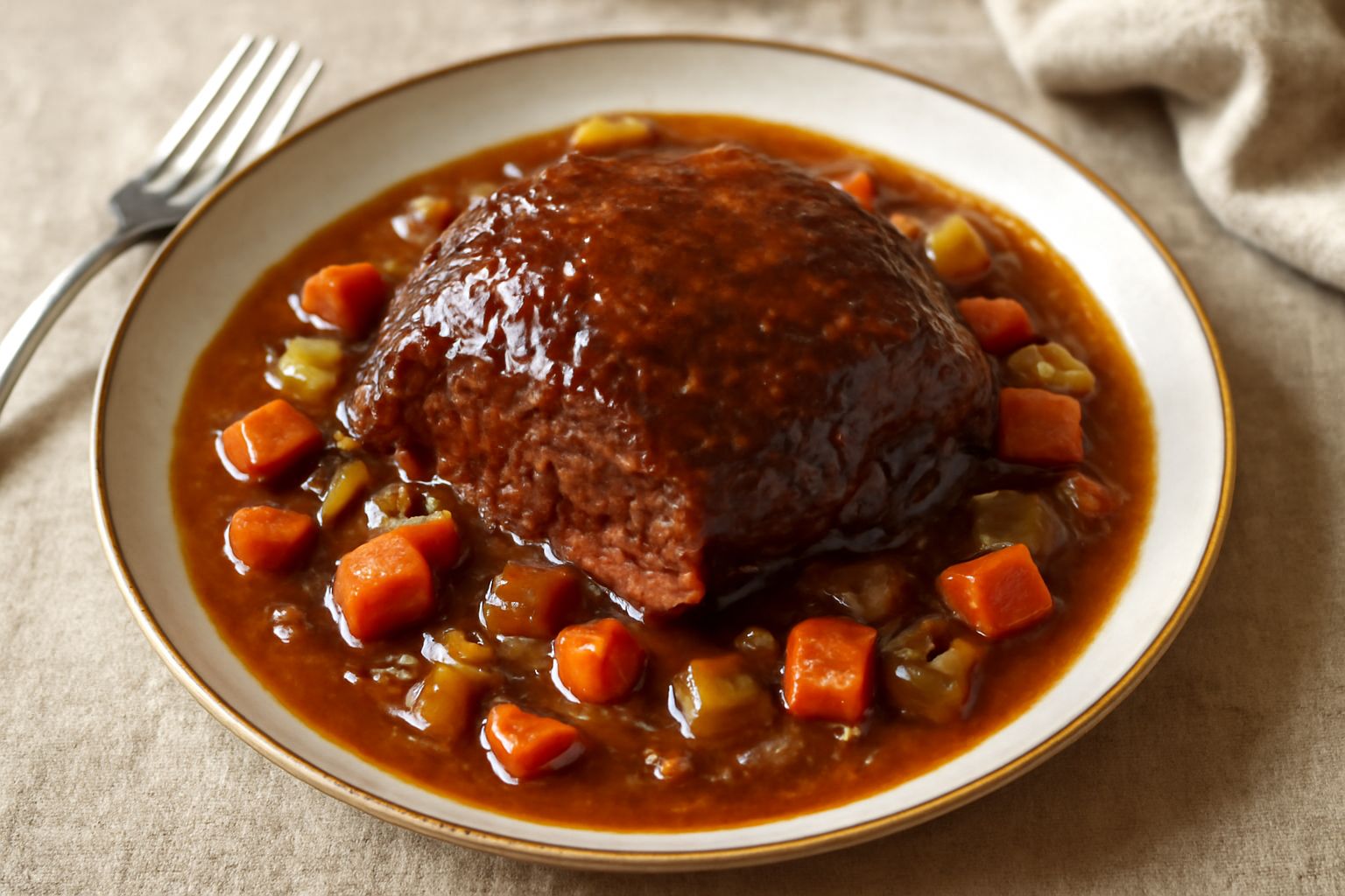 Un piatto bianco con fette di brasato rosso scuro, accompagnate da salsa marrone densa e verdure morbide, contorno di polenta gialla cremosa