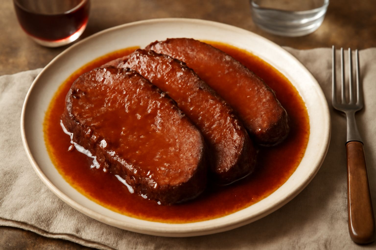 Un piatto bianco con fette di brasato rosso scuro, accompagnate da sugo denso color bordeaux con frammenti di verdure, contorno di purè di patate e una foglia di rosmarino