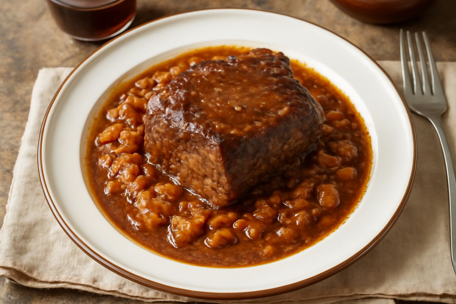 Brasato all'emiliana affettato nel piatto, carne marrone scuro e tenera circondata da salsa densa e verdure stufate, con rosmarino e prezzemolo fresco come guarnizione