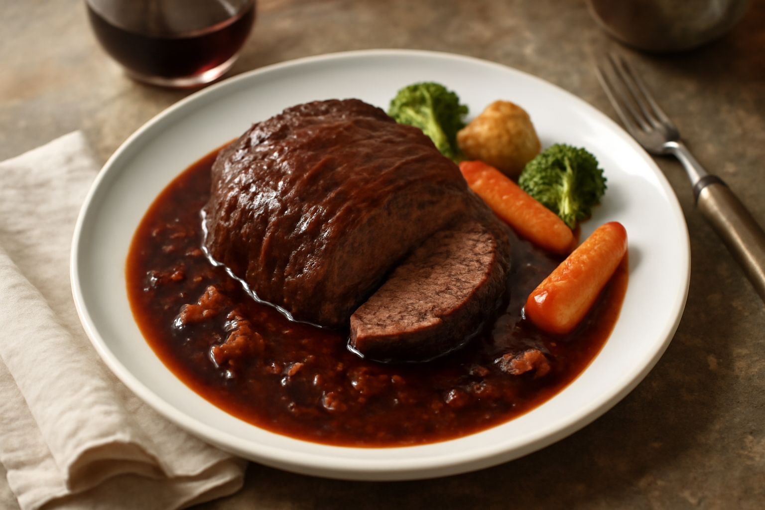 Brasato cotto al forno, marrone scuro lucido, affettato nel piatto con il suo sugo di vino rosso, contorno di verdure morbide, su piatto bianco con pepe nero grattugiato
