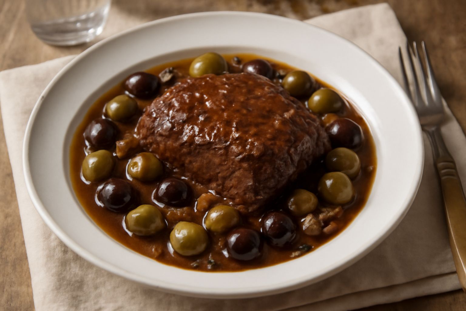 Brasato di manzo scuro e lucido in umido, contornato da olive verdi e nere, in una ciotola di ceramica bianca, con cipolla e sedano visibili nel sugo denso e marrone