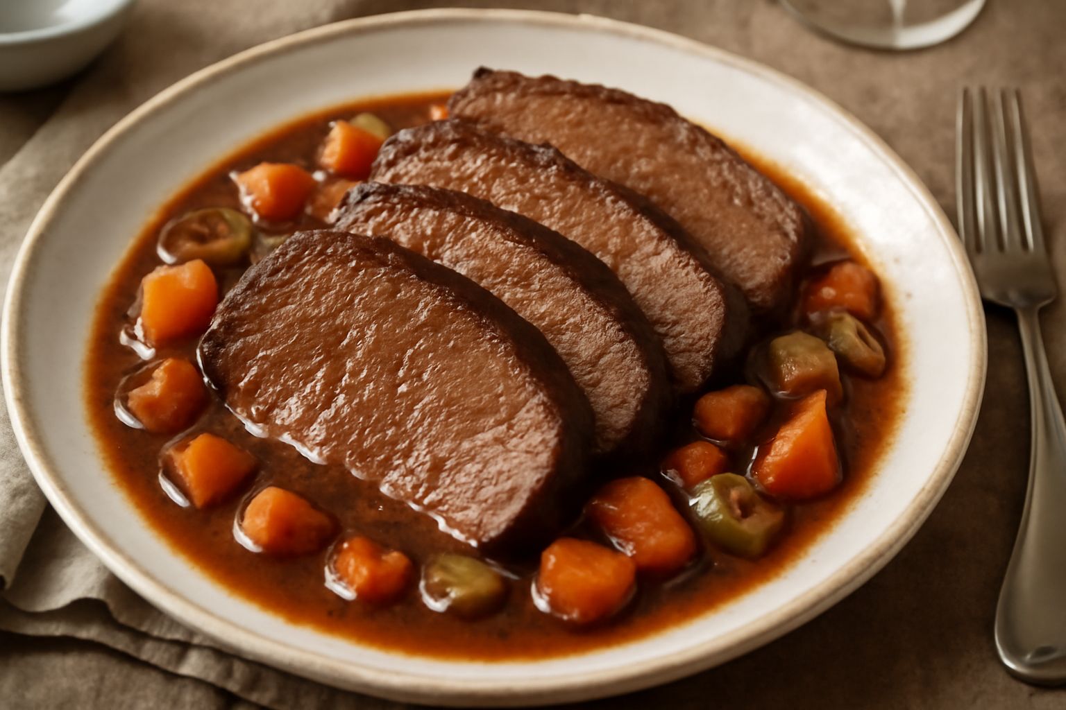 Brasato di manzo affettato su un piatto bianco, carne marrone scuro e tenera, coperta da un sugo ricco e lucido color bordeaux, contornato da carote e sedano cotti