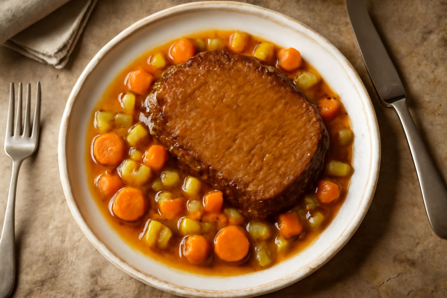 Brasato di manzo al Friuli, fetta di carne marrone dorato circondata da verdure caramellate, sedano, carota e cipolla, in un piatto fondo con brodo ricco, pane tostato sul bordo