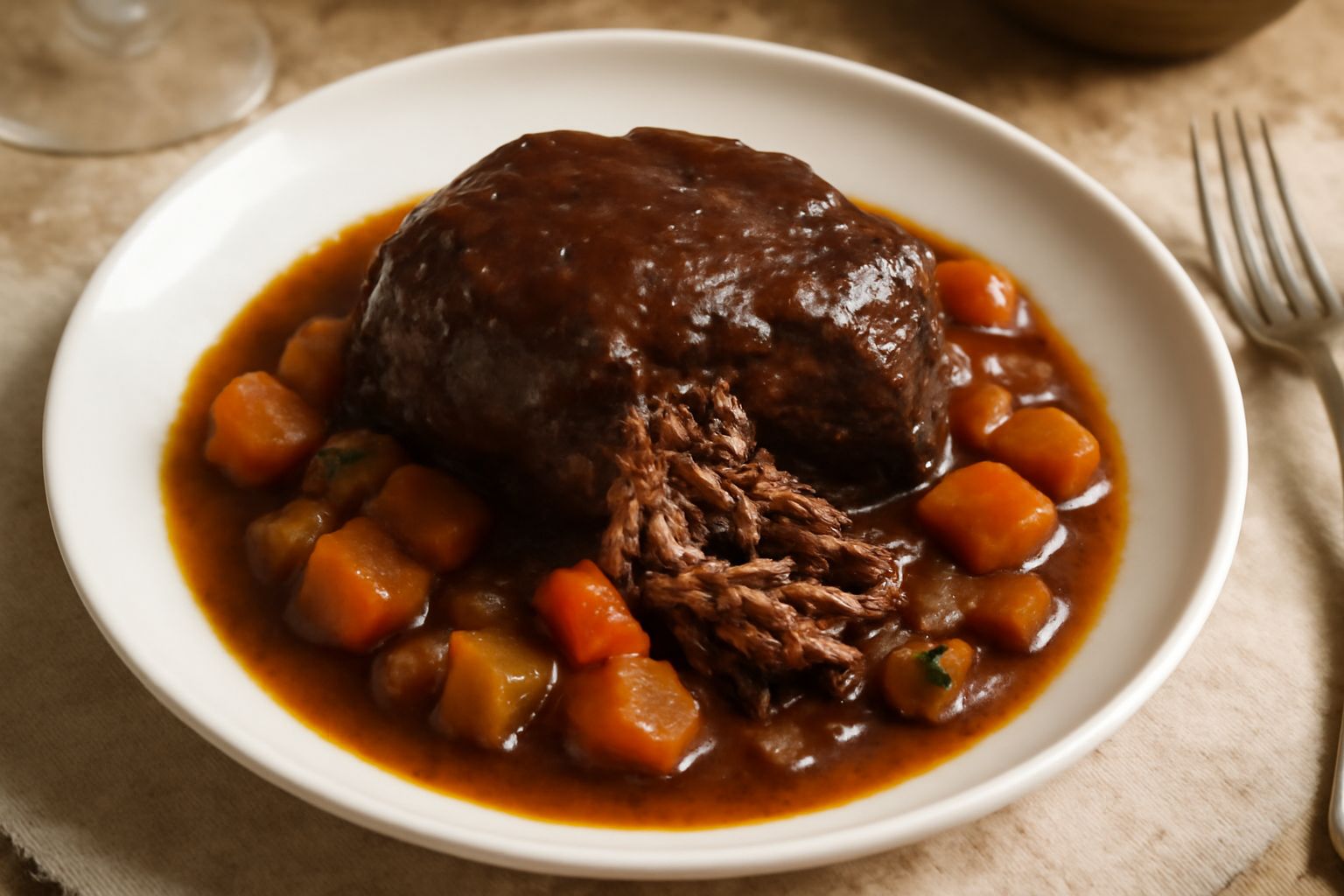 Brasato affettato in umido su un piatto bianco, circondato da verdure morbide e brodo scuro, con il sugo lucido che ricopre la carne, contorno di purè di patate