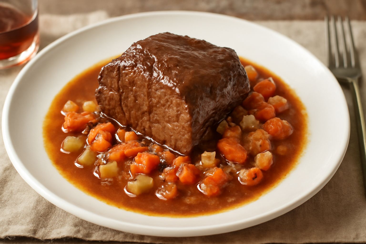 Brasato triestino affettato su un piatto bianco, carne marrone scuro e succulenta, contornata da salsa densa, verdure morbide, radice di prezzemolo e patate, tavolo in legno scuro