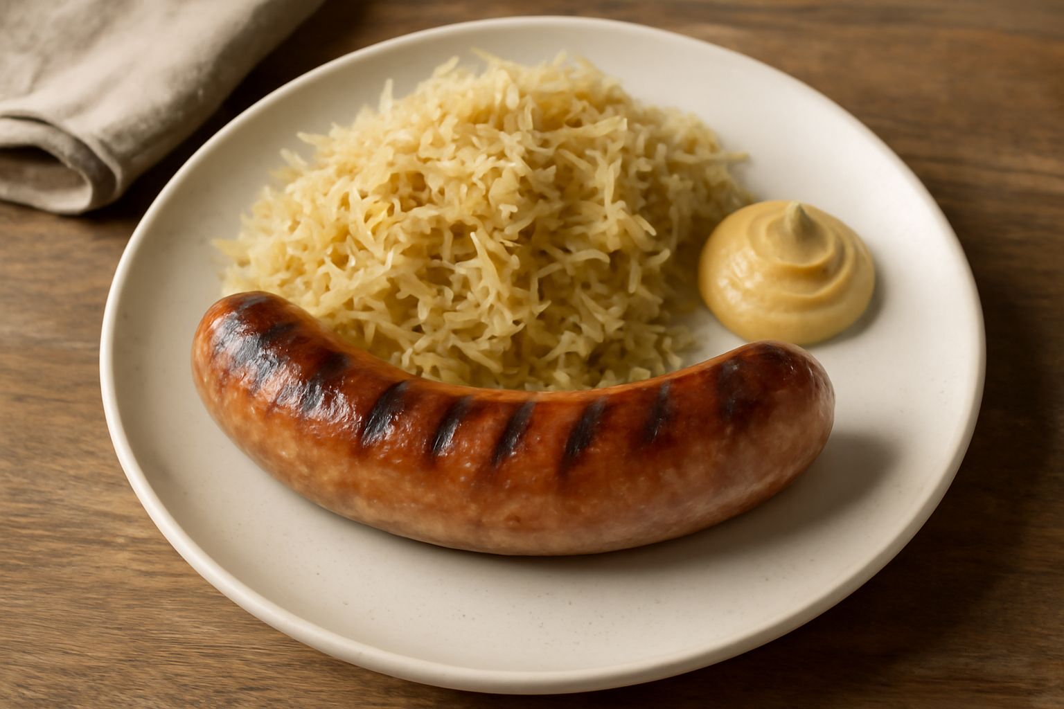 Tre bratwurst dorate e croccanti su un piatto bianco, con striature di cottura scura, accompagnate da senape marrone e crauti crudi in ciotola bianca